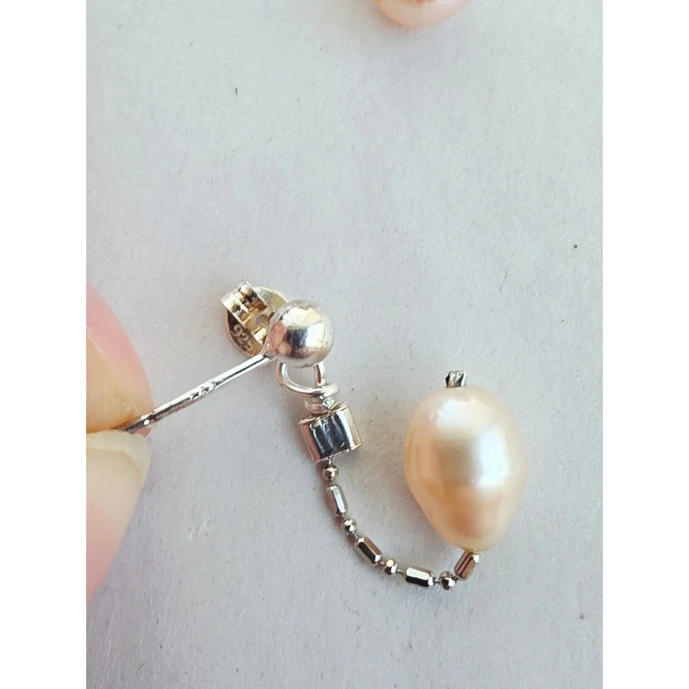 Handmade Sterling Silver 925 Genuine Pink Pearl Drop Dangle Earrings Artisan new